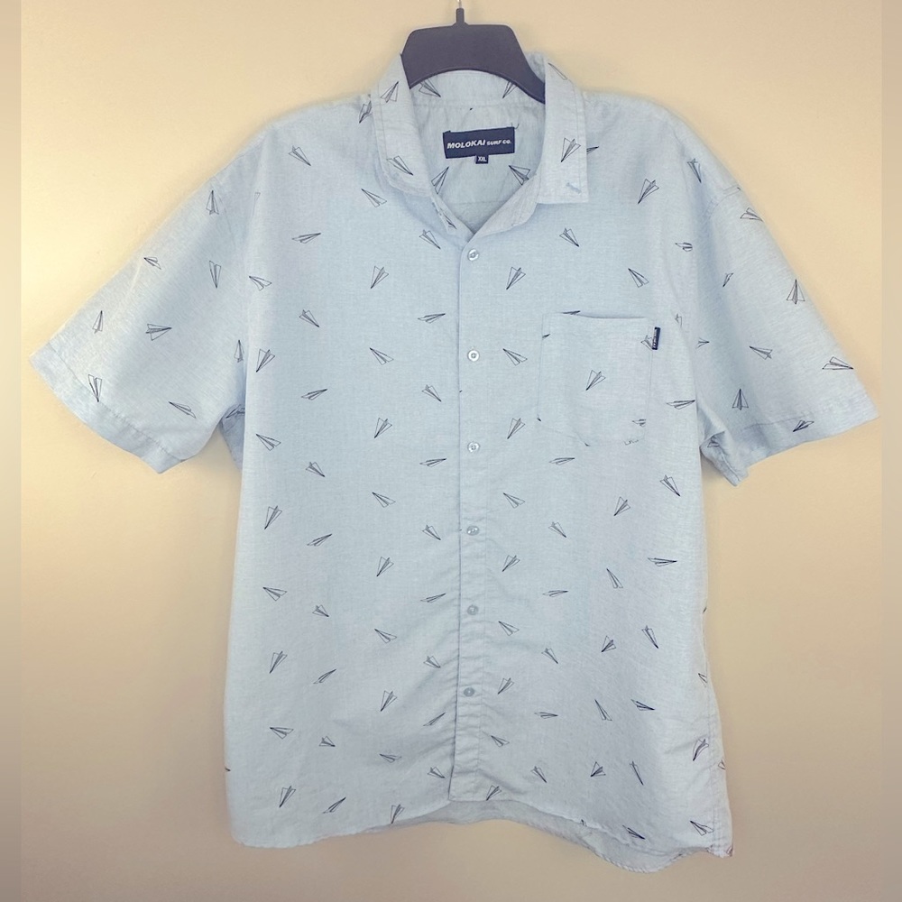 Molokai Surf Co Men's Button Down Shirt Blue Short Sleeve Size XXL Paper Plane